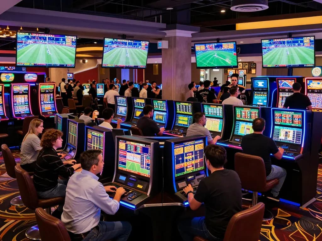 Patrons enthusiastically engaging with kèo nhà cái at a vibrant sports betting area, screens displaying live odds.