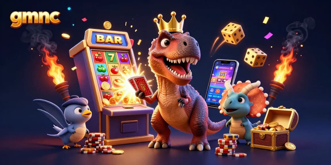 Engage with gmnc's interactive casino experience featuring a T-Rex shuffling cards and a triceratops stacking chips.