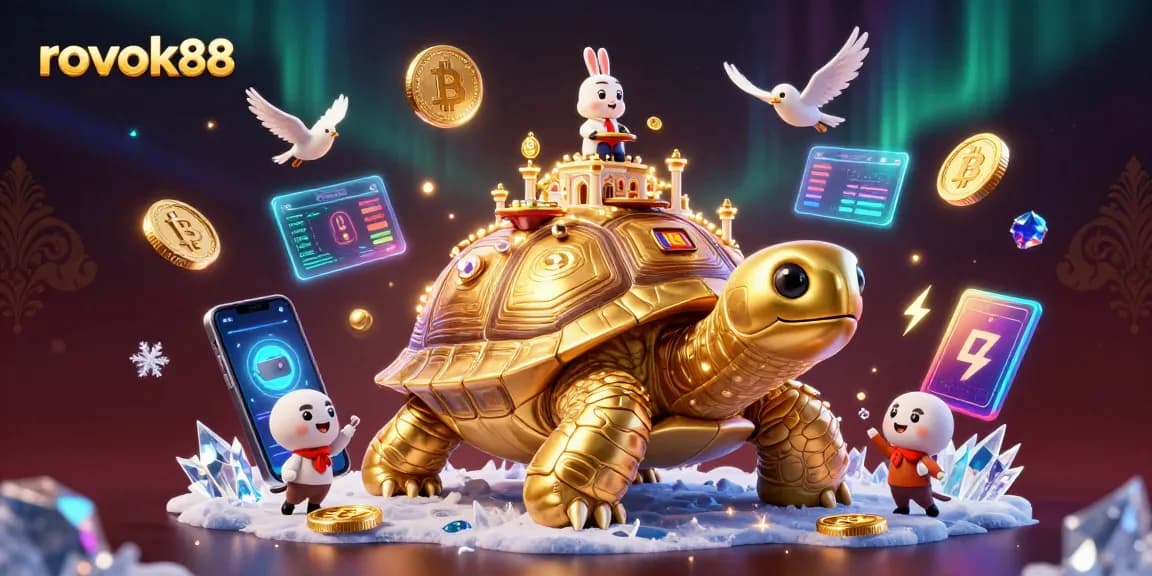 Engage with rokok88's vibrant casino experience featuring a golden tortoise and rabbit dealer.