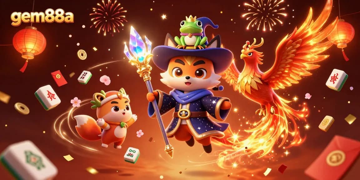 Experience the thrilling world of gem88a with a mystical wizard fox and phoenix in a vibrant casino setting.