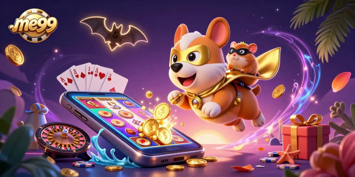 Engage in thrilling gaming action at me99 with a dynamic superhero dog and hamster amidst vibrant casino elements.