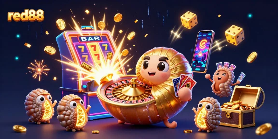 Experience the excitement and rewards of red88 with this vibrant 3D casino illustration showcasing slots and jackpots.