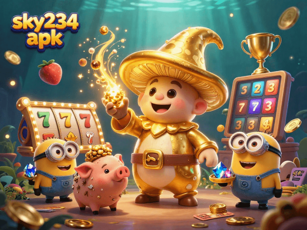 Engage with sky234 apk featuring a magical scene of slot reels, a wizard, and treasures.