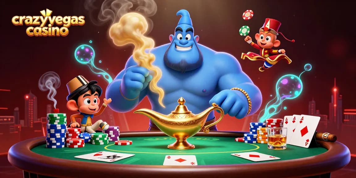 Experience thrill with crazyvegas casino as a genie reveals poker excitement in an enchanting scene.