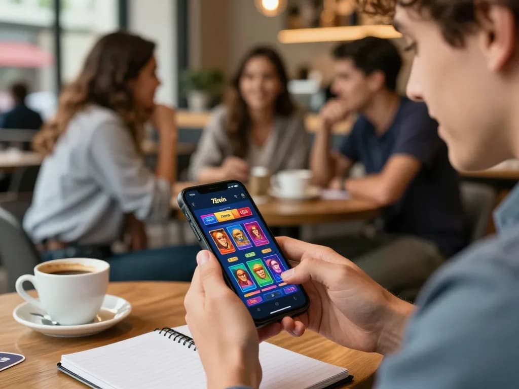 Player using a smartphone to play 78win casino games in a lively café atmosphere