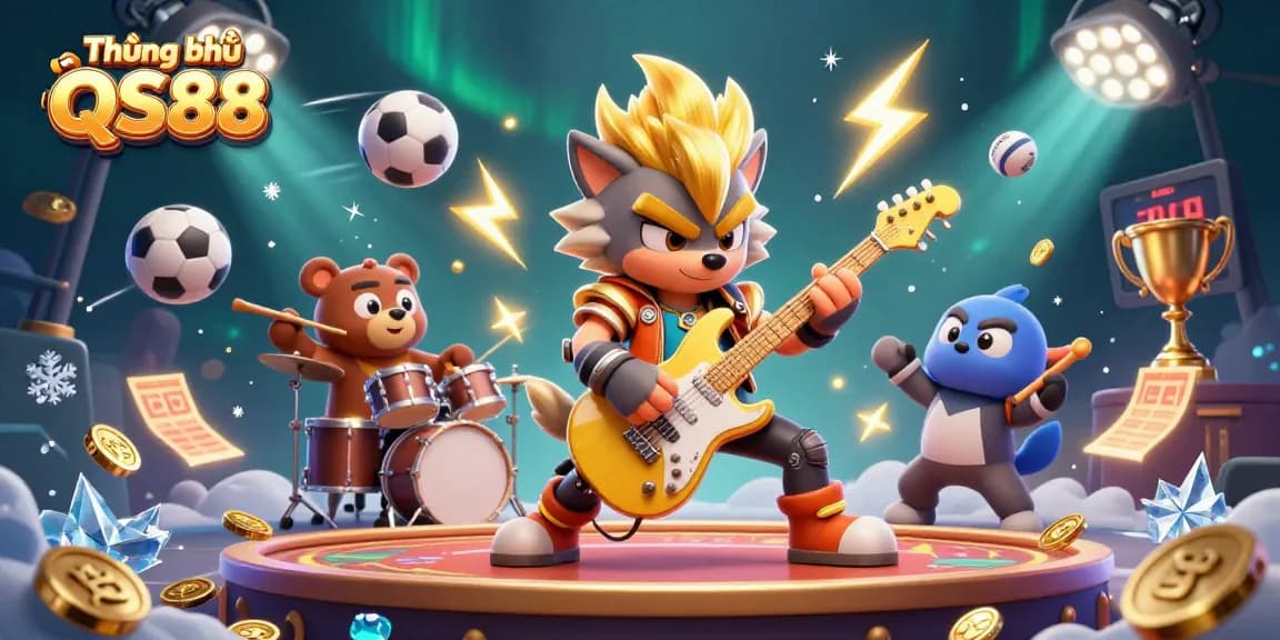 Bet and celebrate with Thương hiệu QS88 in a thrilling casino scene featuring dynamic characters and vibrant game elements.