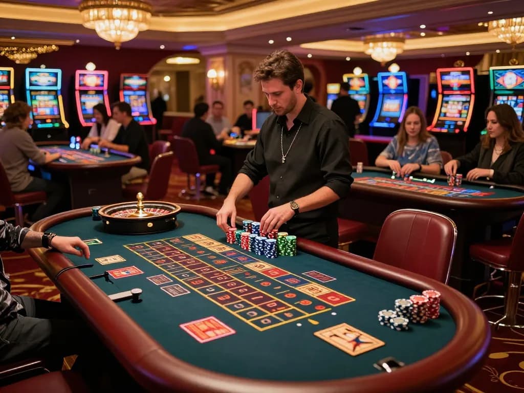 MPO ID players celebrate wins at roulette tables in a glamorous casino atmosphere.