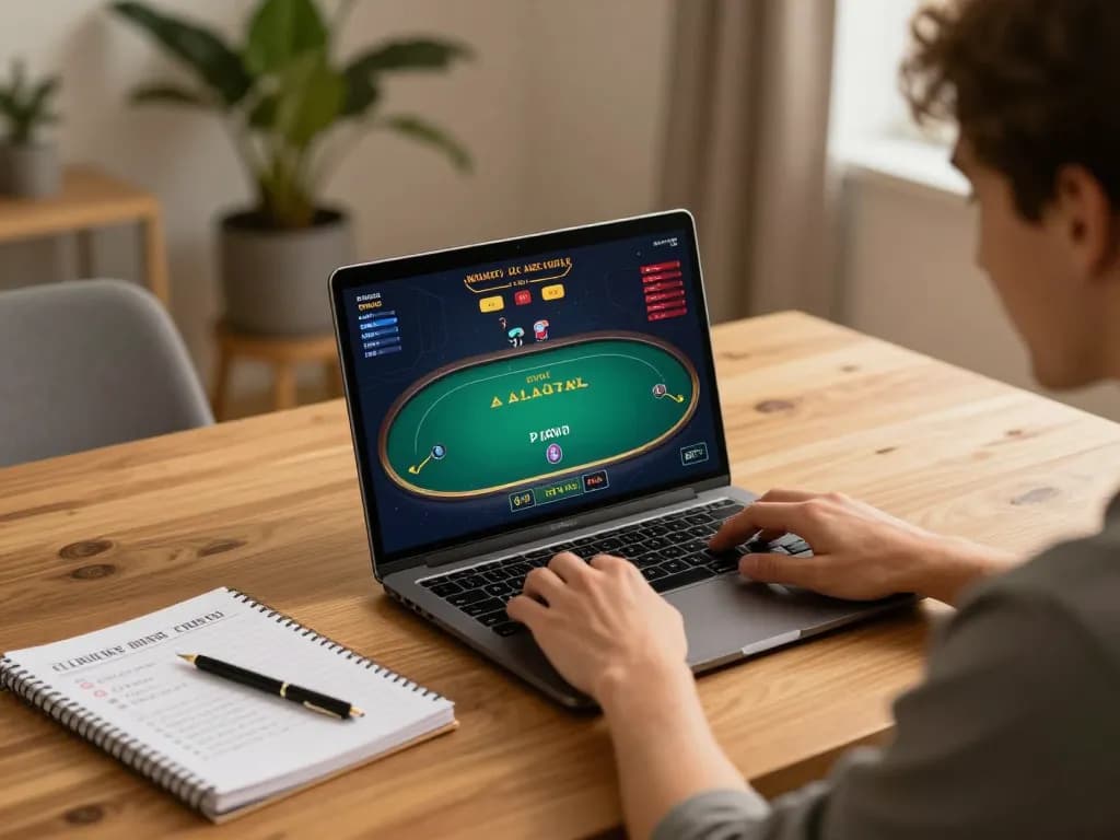 Experience thrilling gameplay at vegasslot77 on a cozy laptop setup filled with poker strategies.