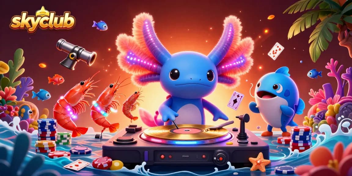 Experience the vibrant underwater action of skyclub as a neon axolotl DJ spins records surrounded by colorful fish and gaming elements.