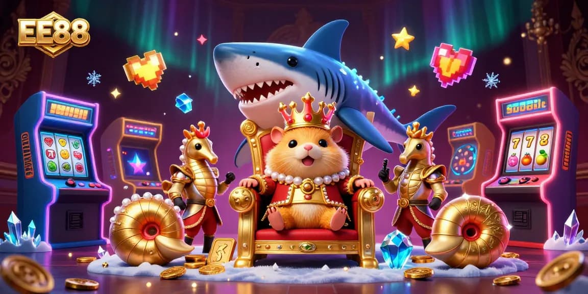 Spin the reels with EE88: mesmerizing illustration of a golden hamster king and gaming elements.