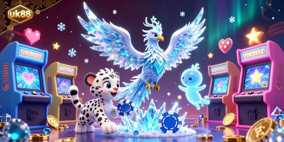 Engage with the thrilling features of uk88, where an ice phoenix and snow leopard cub play in a vibrant casino atmosphere.