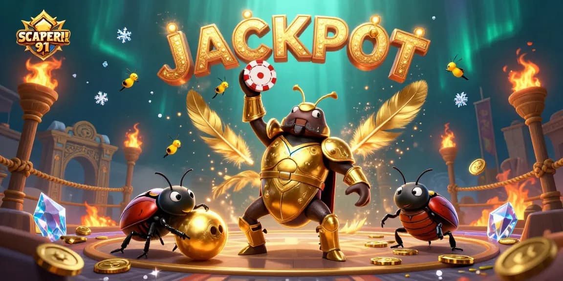 Experience the thrill of SCATTER911 with a victorious beetle in a vibrant casino scene!