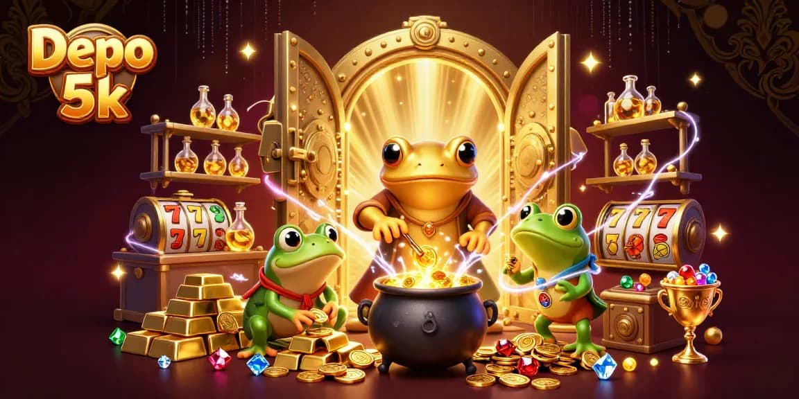 Permainan slot Depo 5k dengan karakter alkimia raksasa dan elemen perhiasan yang menggiurkan.