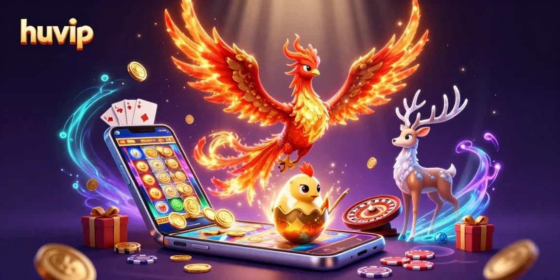 Experience thrilling wins with Huvip's dynamic gaming scene featuring vibrant characters and engaging casino elements.