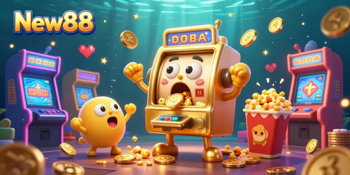 Experience the excitement of New88 with a vibrant 3D casino scene featuring a jackpot-winning slot machine and cheerful baby machines.
