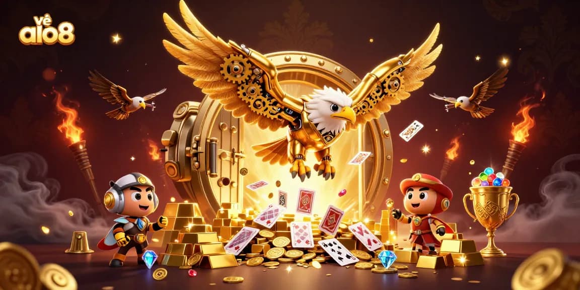 Experience the excitement at về alo8 with a dazzling casino scene featuring a cybernetic eagle amidst a treasure vault.