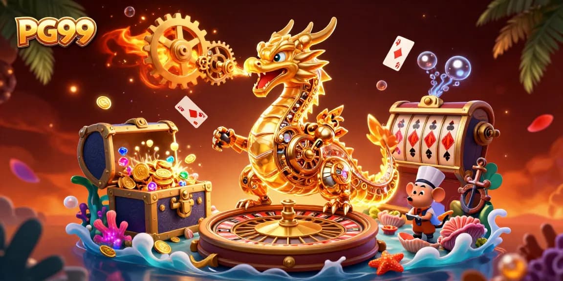 Experience PG99's exhilarating games with a golden dragon and vibrant casino elements.