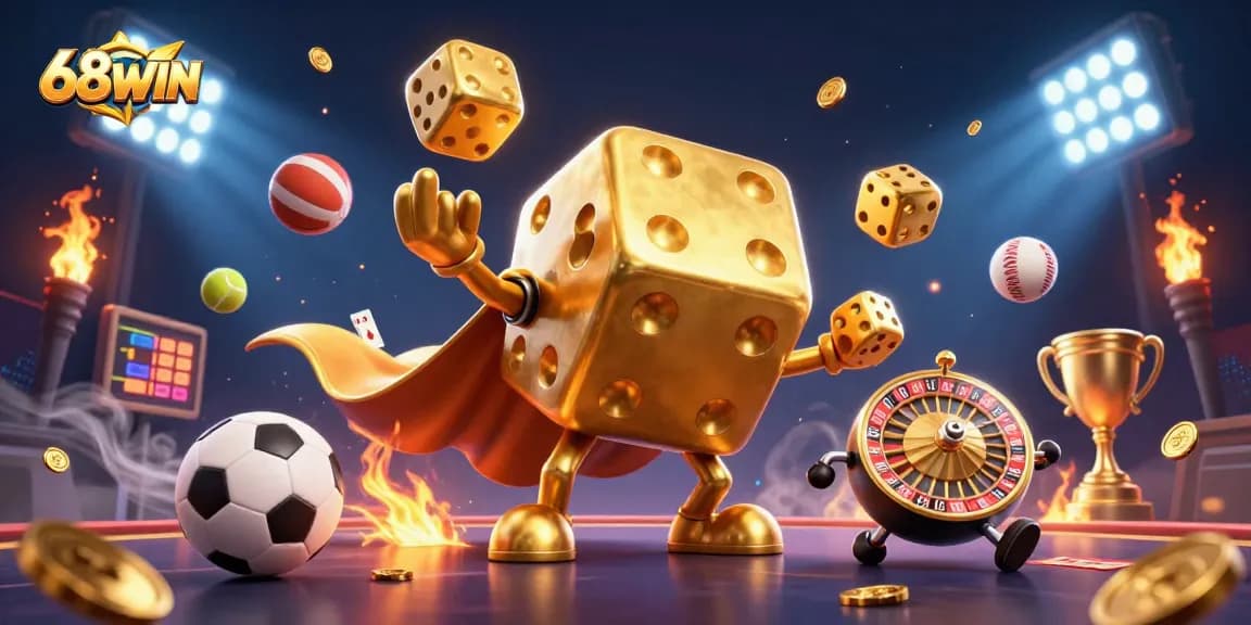 Place bets at 68WIN with vibrant golden dice and sports-themed elements showcasing action