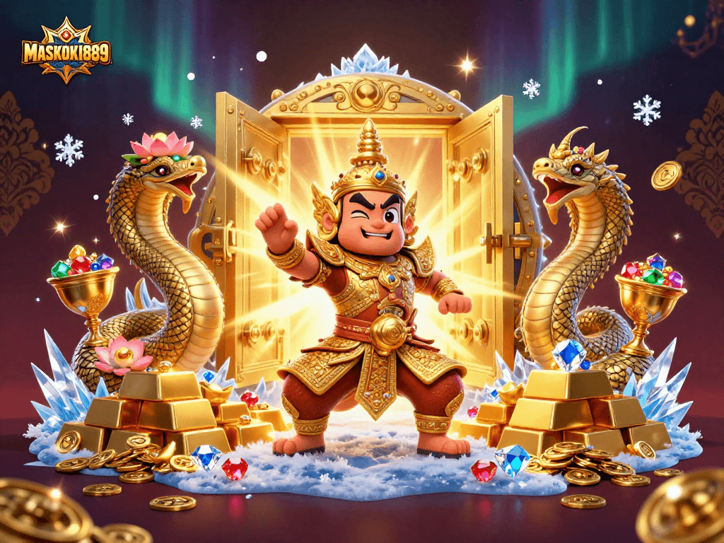 Enter the vibrant world of MASKOKI889 with 3D cartoon guardians amidst gold and gems.