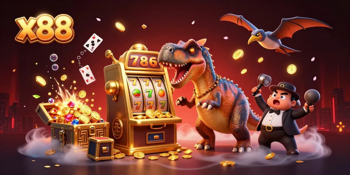 x88 showcases a pachycephalosaurus winning coins from a jackpot slot machine in a vibrant casino scene.