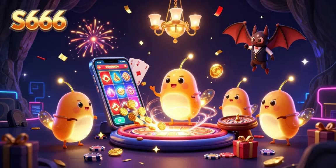 S666 glowworms illuminate a cave casino, showcasing vibrant gaming action and festive elements.