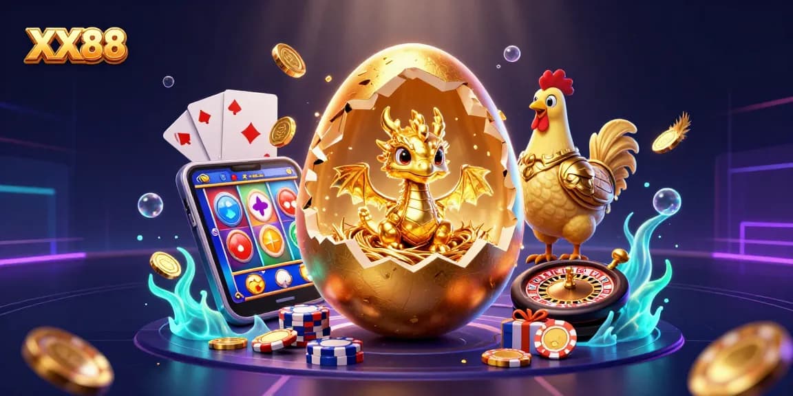 Experience thrilling adventures and golden wins at XX88 with a baby dragon and poker chips in a dynamic 3D casino scene.