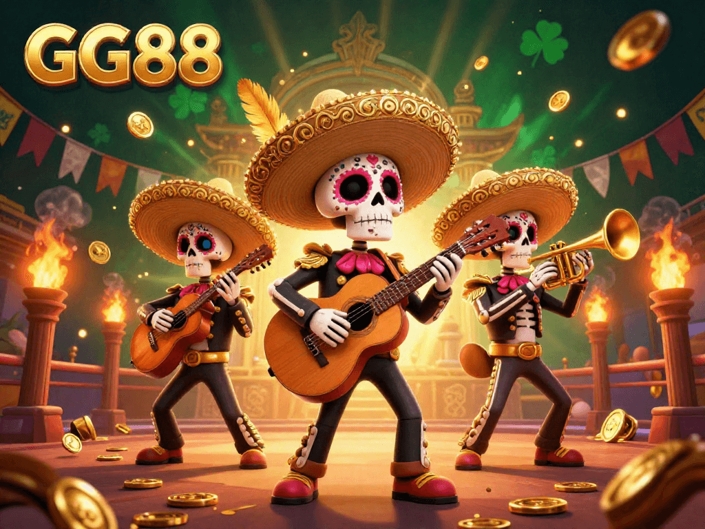 Engage with the thrilling GG88 mariachi band illustration alongside dynamic gambling elements in an energized casino scene.