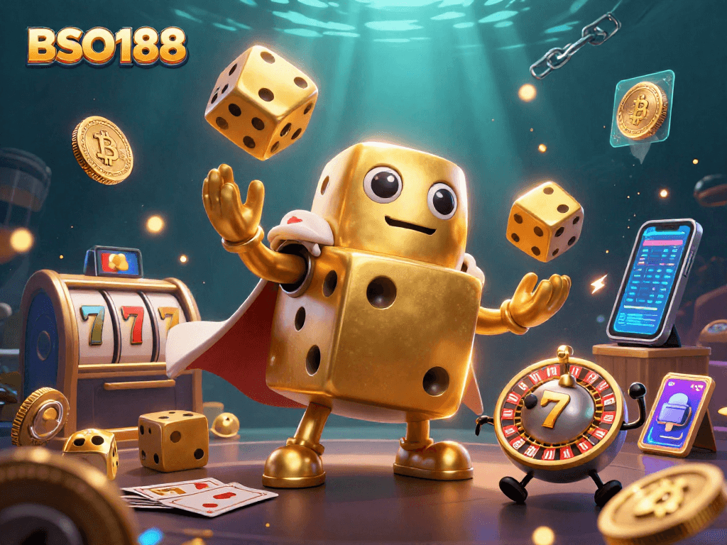 Engage with BSO188 through dynamic golden dice and neon crypto elements in a vibrant casino atmosphere.