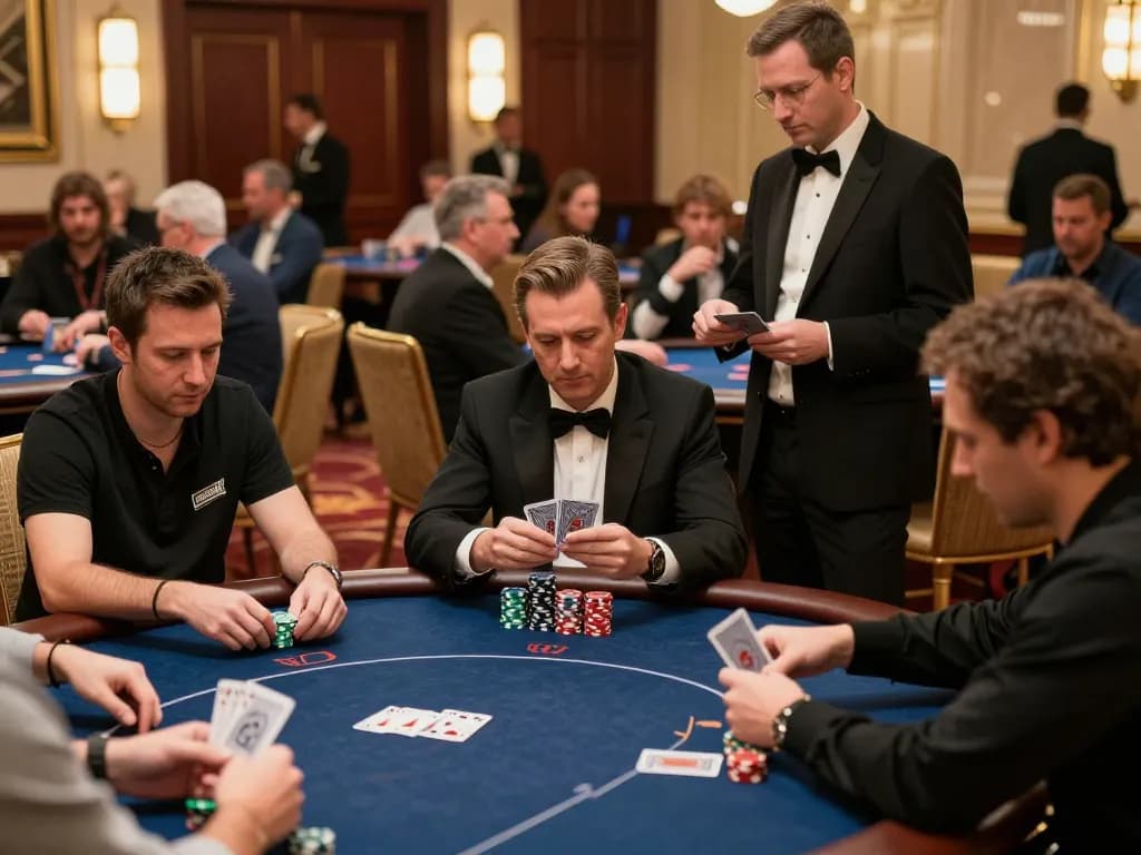 rokok88 players engaged in a tense poker tournament, showcasing strategy and skill in an upscale casino setting