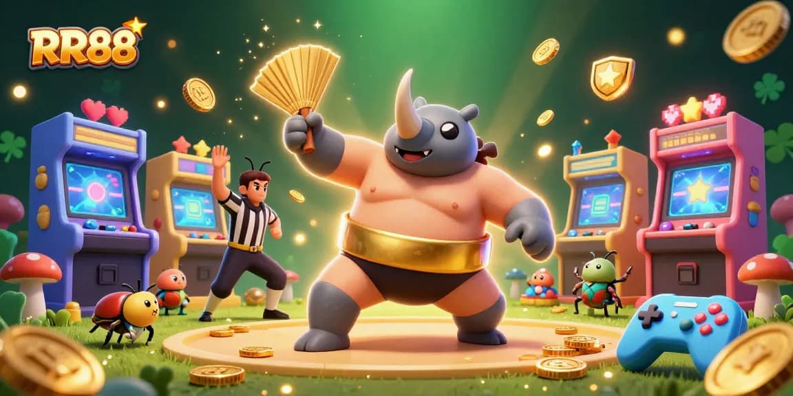RR88 players winning big with a cartoon beetle sumo champion amid neon casino excitement.