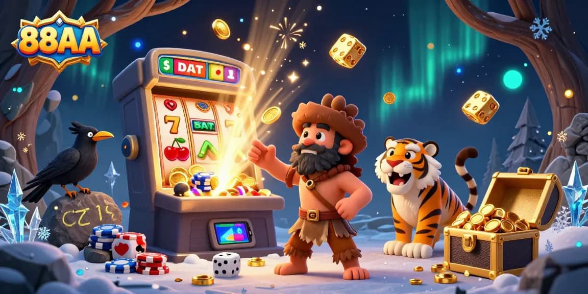 Engage with the 88AA online casino featuring a lively cartoon scene of characters in action with vibrant games.