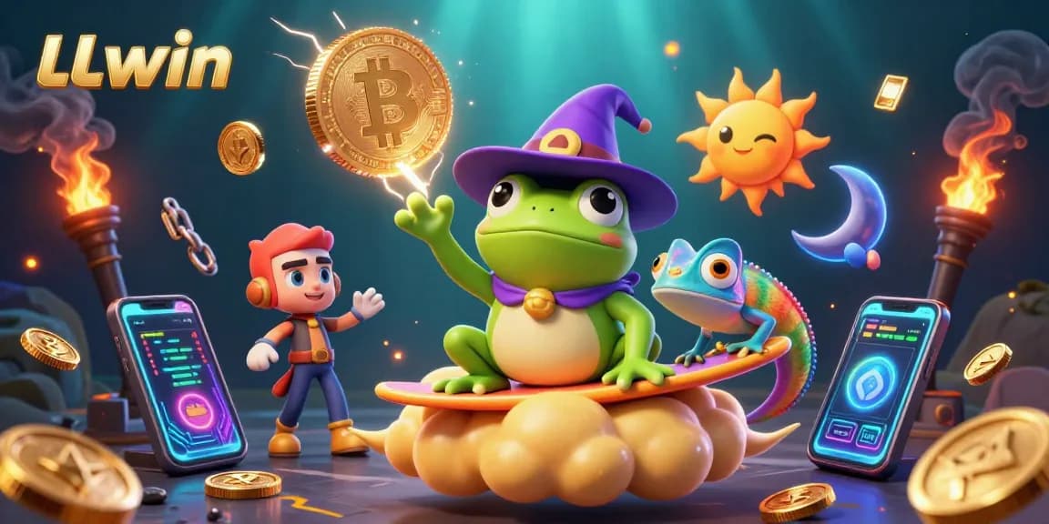 Engage in thrilling gameplay at LLwin as a wizard frog conjures golden coins amidst crypto treasures.