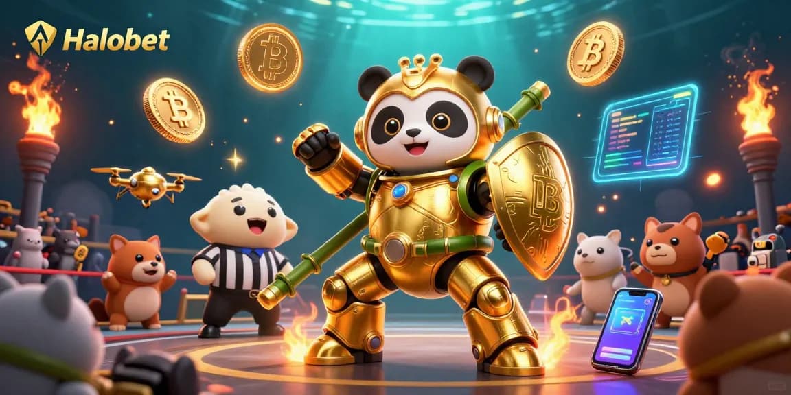 Halobet showcases a vibrant casino scene with a mech-suit panda amidst crypto elements and cheering crowd.