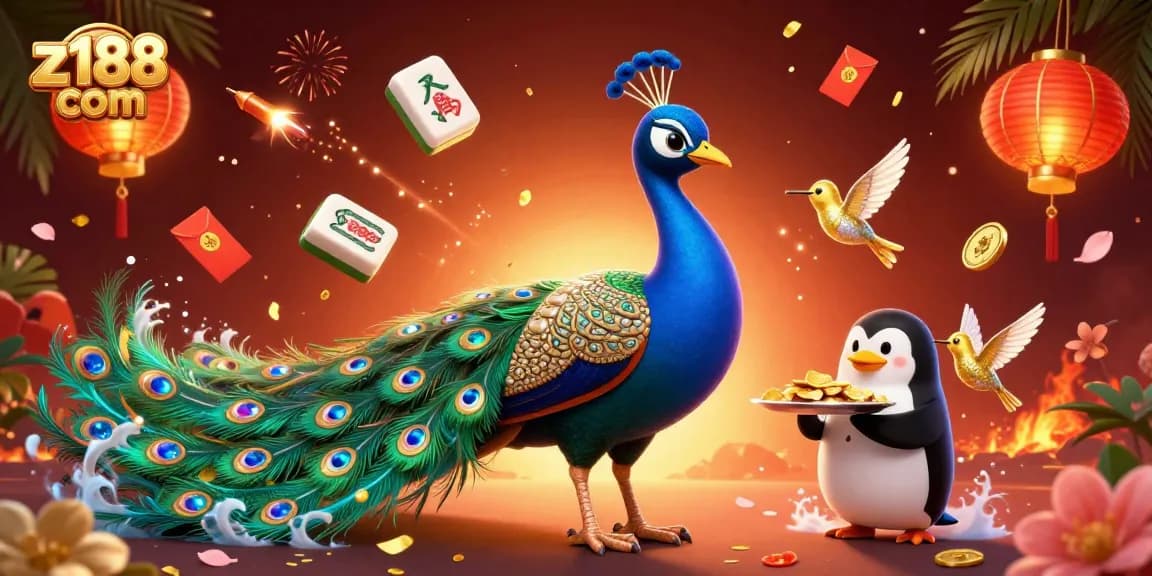 Place bets with excitement at z188 com, featuring vibrant peacock and golden penguin in a thrilling gaming scene.