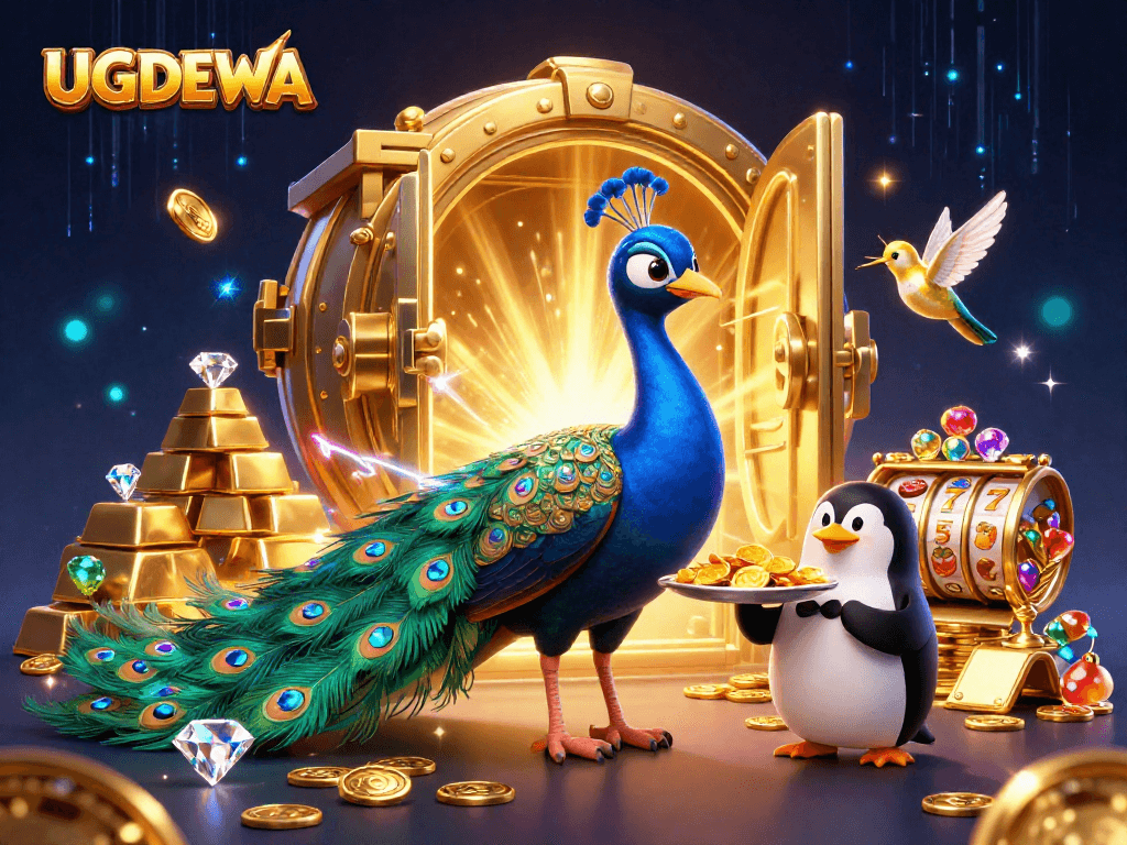 Engage with UGDEWA's vibrant 3D casino scene featuring dynamic slot reels and luxurious elements.
