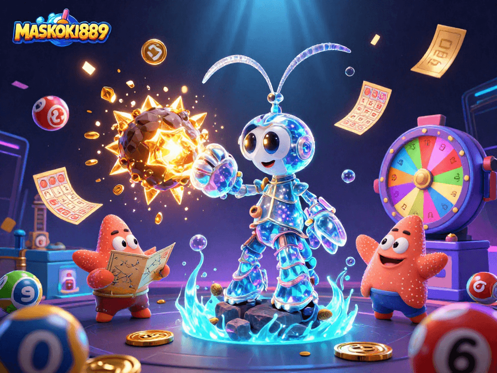 Experience winning moments at MASKOKI889 with galactic samurai shrimp and vibrant lottery elements.