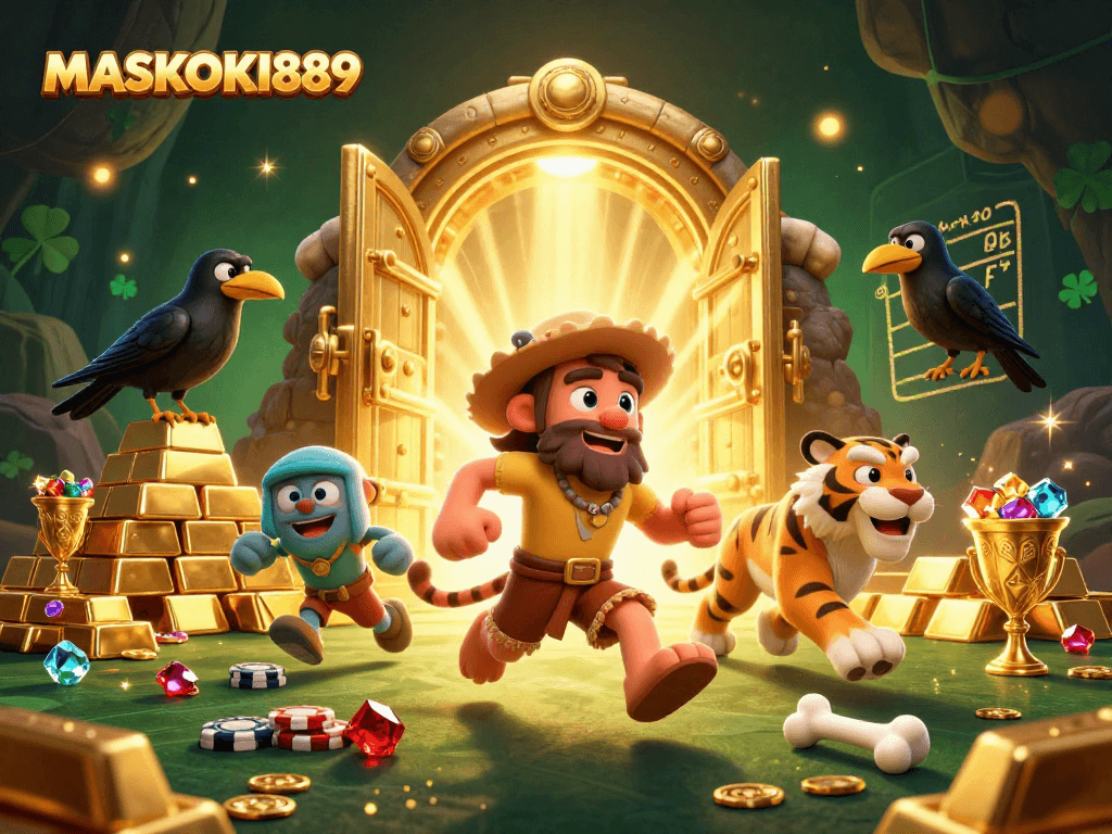 Engage with the vibrant MASKOKI889 prehistoric casino scene showcasing a caveman and sabertooth tiger gambling.