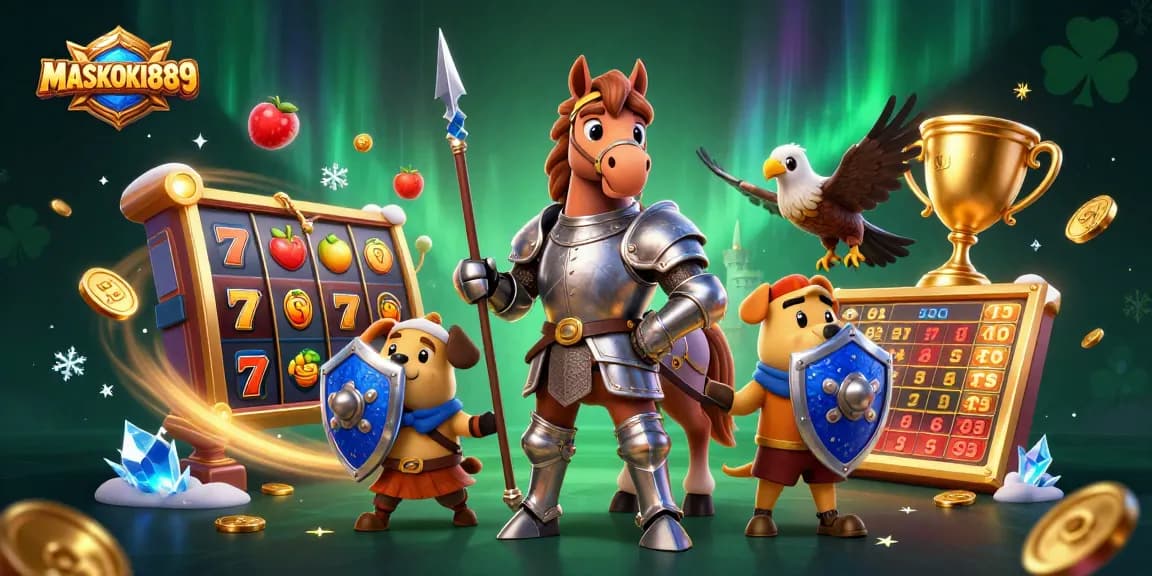 Engage with thrilling slots and jackpots at MASKOKI889 with vibrant characters in a casino setting.