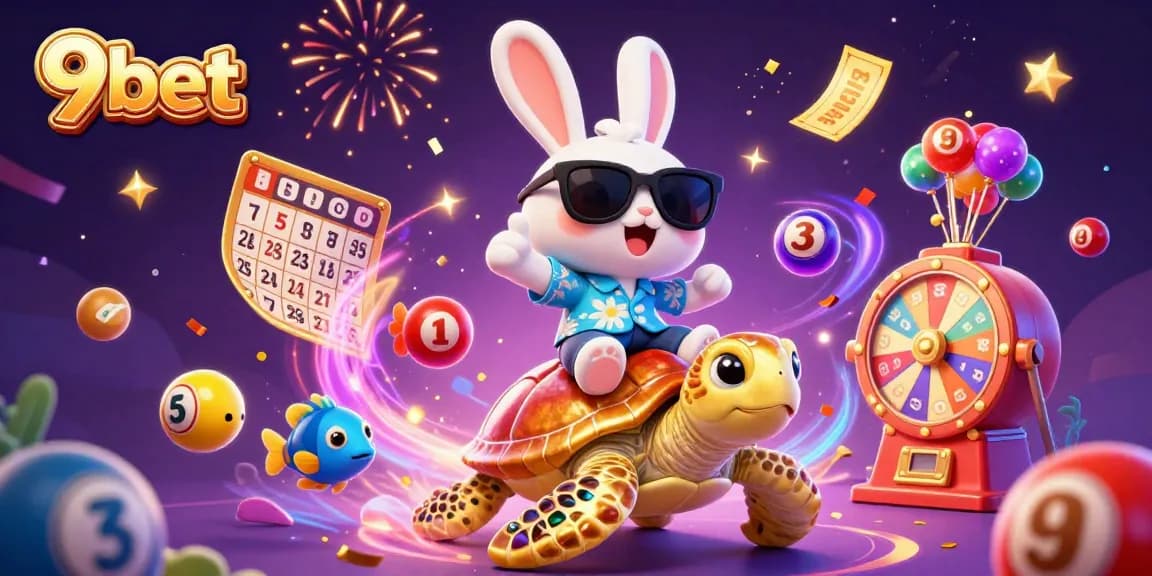 Engage in thrilling games with 9bet's vibrant lottery scene featuring lucky rabbit and golden sea turtle.