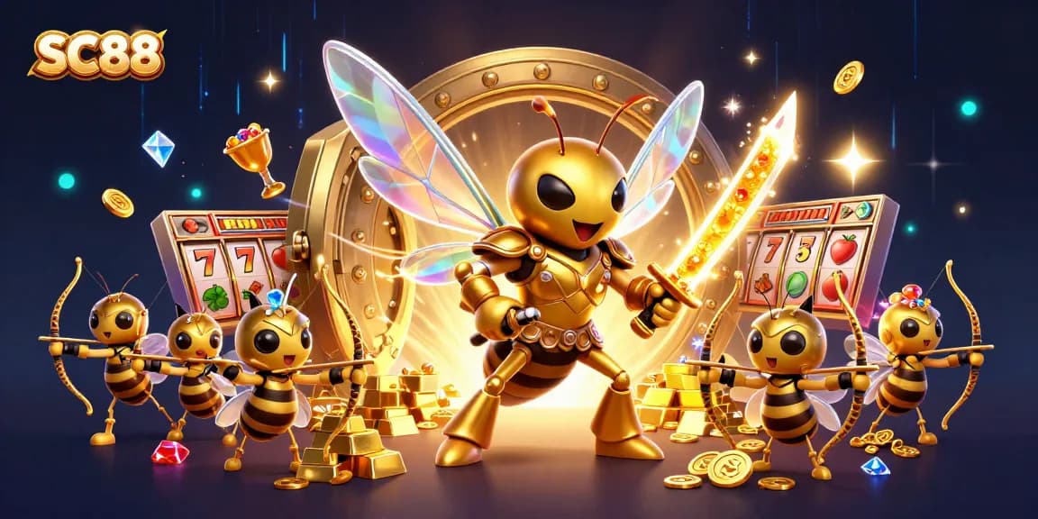 Engage with thrilling SC88 slot reels showcased with a vibrant hornet theme and dynamic gold treasures.
