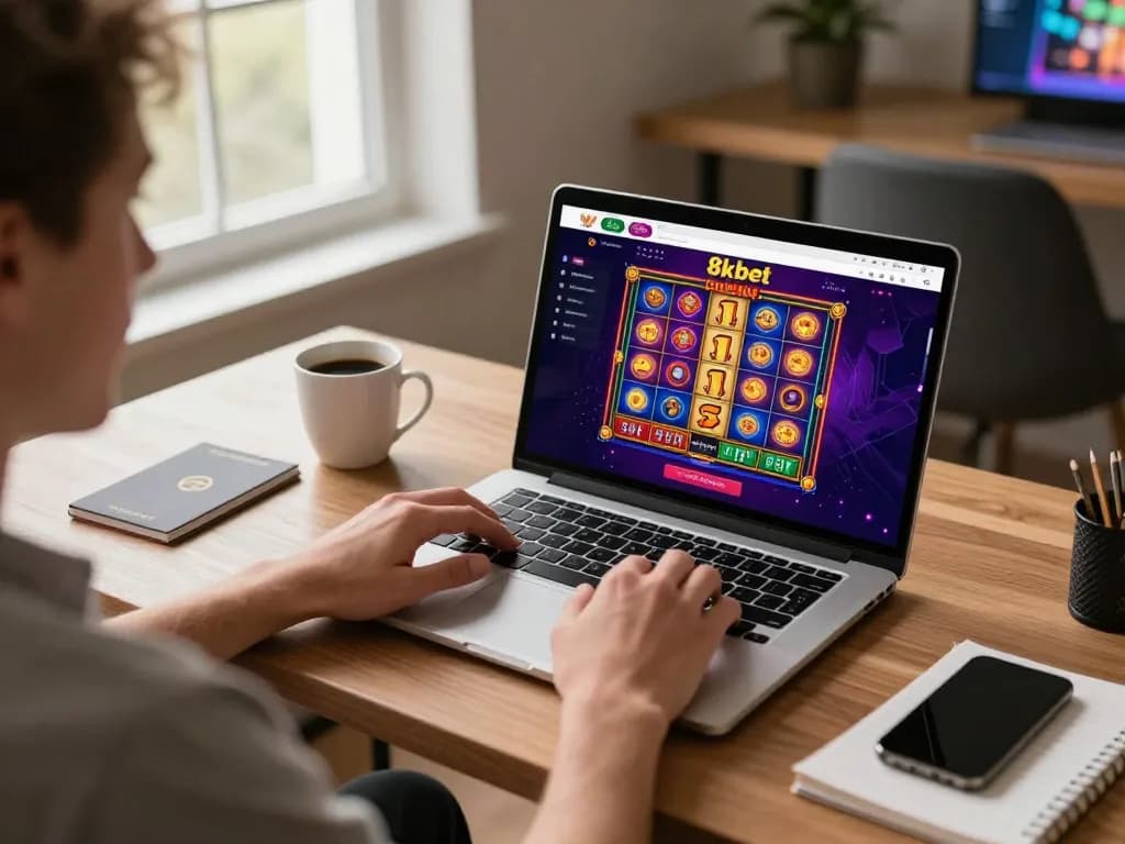 Person playing with the 8kbet online casino interface, enjoying a dynamic home gaming experience.