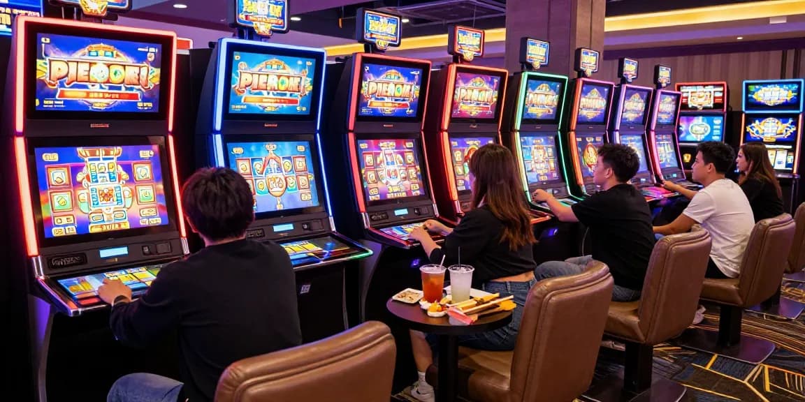 Slot gacor players enjoying a thrilling experience at vibrant casino machines.