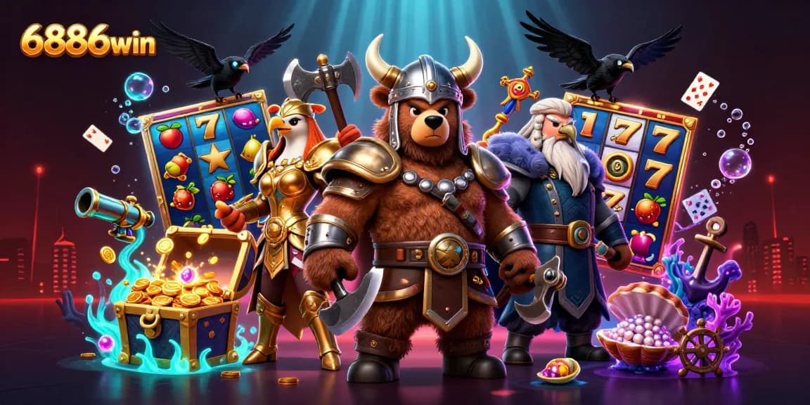 Engage with exciting games at 6886win, where a Viking berserker and Valkyrie eagle enhance the casino experience.