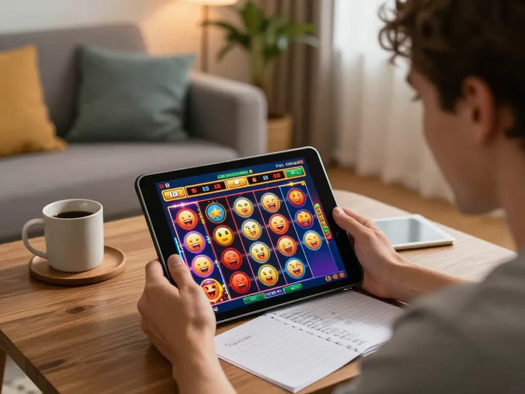 Player enjoying mpoid slot on a tablet in a cozy setting during an exciting game