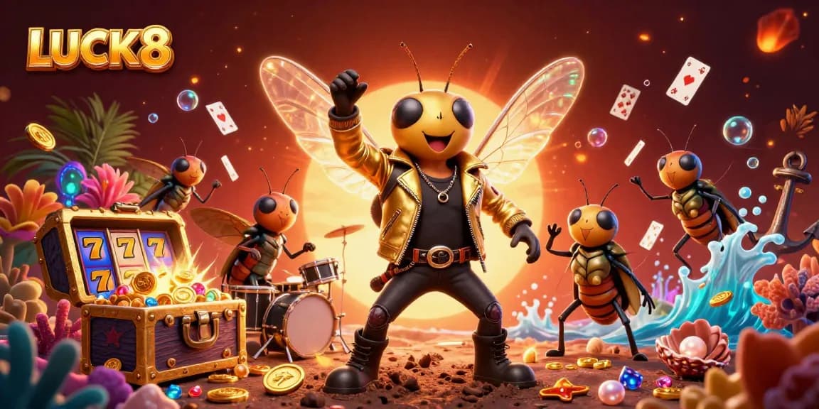 LUCK8 illuminates the stage with a cartoon cicada rock star and slot game elements, ensuring excitement in gaming.