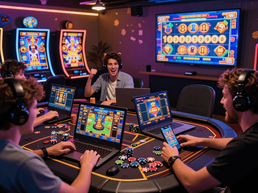 Dynamic players enjoying slot gacor games on various devices in an engaging online casino setting.