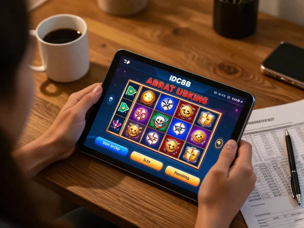 Engaging online gaming scene featuring IDC88 JOKER slots app on tablet in a warm home setting.