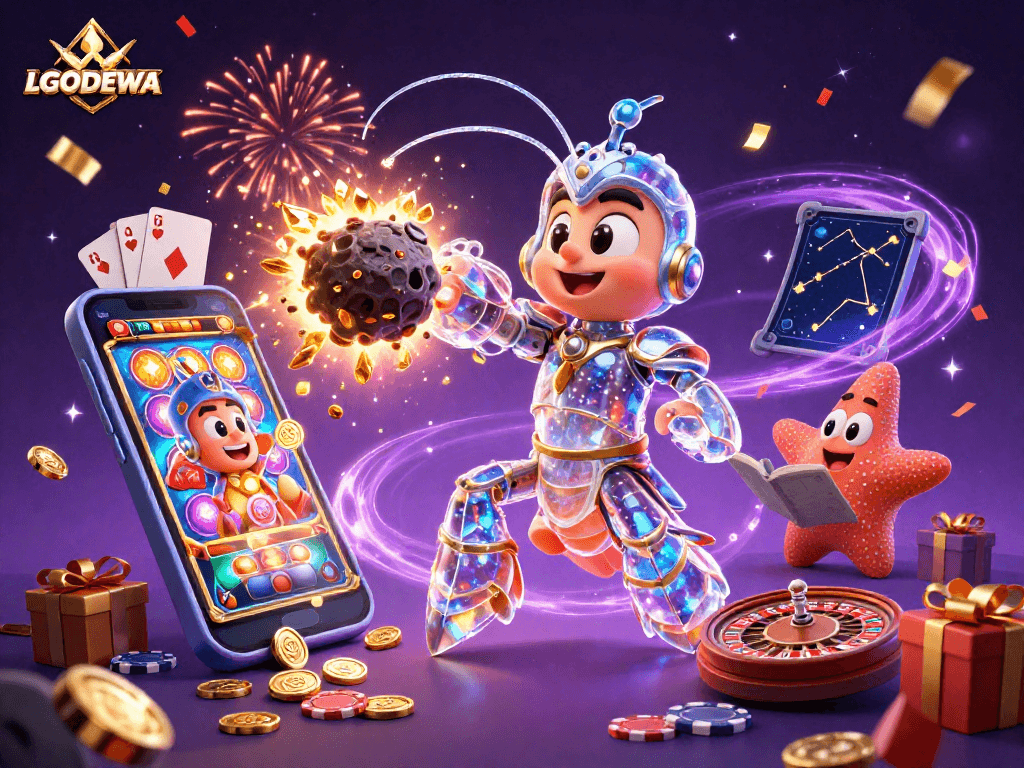 Engage in thrilling gameplay at LGODEWA with a vibrant 3D casino scene featuring exciting gambling elements.