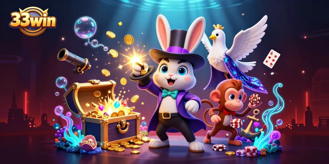 33win showcases a vibrant 3D casino scene with magicians and poker excitement, rich in detail!