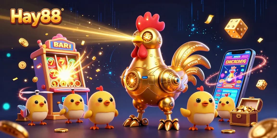 Engage in thrilling gameplay with Hay88's vibrant 3D casino illustration showcasing retro-futuristic characters and dynamic game elements.